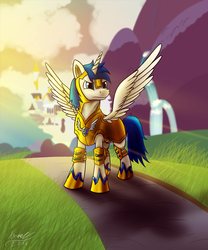 Size: 1000x1200 | Tagged: safe, artist:misiekpl, oc, oc only, oc:master valor mccloud, alicorn, pony, alicorn oc, canterlot, commission, crepuscular rays, male, royal guard, signature, solo, stallion, sunrise