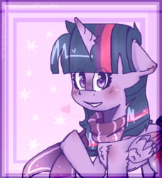 Size: 1024x1123 | Tagged: safe, artist:rainbow223, twilight sparkle, alicorn, pony, g4, clothes, female, heart eyes, scarf, solo, twilight sparkle (alicorn), wingding eyes