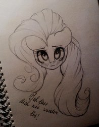 Size: 803x1024 | Tagged: safe, artist:evildraw, fluttershy, pegasus, pony, my little brony risovach, g4, blushing, bust, crying, female, german, looking at you, mare, portrait, sketch, solo, traditional art, translated in the comments