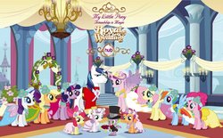 Size: 960x595 | Tagged: safe, apple bloom, applejack, fluttershy, pinkie pie, princess cadance, rainbow dash, rarity, scootaloo, shining armor, spike, sweetie belle, twilight sparkle, a canterlot wedding, g4, bridesmaid applejack, bridesmaid dash, bridesmaid dress, bridesmaid fluttershy, bridesmaid pinkie, bridesmaid rarity, clothes, cutie mark crusaders, dress, flower filly, mane seven, mane six, ring bearer, wedding dress