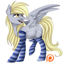 Size: 1024x1028 | Tagged: safe, artist:crecious, derpy hooves, pegasus, pony, g4, clothes, female, mare, patreon, patreon logo, simple background, socks, solo, striped socks, transparent background, watermark