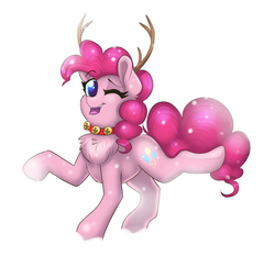 Size: 1680x1568 | Tagged: safe, artist:confetticakez, pinkie pie, deer, pony, reindeer, g4, antlers, bells, chest fluff, collar, female, jingle bells, one eye closed, pumkinroll is trying to murder us, simple background, solo, white background, wink
