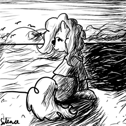 Size: 800x800 | Tagged: safe, artist:silence, pinkie pie, g4, aloha shirt, beach, clothes, female, hawaiian shirt, monochrome, shirt, solo, sunglasses, sunset