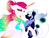 Size: 1600x1200 | Tagged: safe, artist:minelvi, princess celestia, oc, oc:neoma, alicorn, pony, g4, alternate design, chest fluff, eyelashes, female, holding a pony, makeup, mare, parent:oc:cyan crystal, parent:princess luna, peacock feathers, redesign, simple background, white background