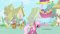 Size: 1280x720 | Tagged: safe, screencap, bon bon, carrot top, chance-a-lot, cheerilee, creme brulee, daisy, flower wishes, golden harvest, granny smith, minuette, spike, sweetie drops, twilight sparkle, g4, hot air balloon, opening, theme song, twinkling balloon