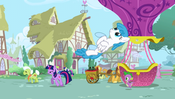 Size: 1280x720 | Tagged: safe, screencap, bon bon, carrot top, daisy, flower wishes, golden harvest, granny smith, lightning bolt, minuette, spike, sweetie drops, twilight sparkle, white lightning, dragon, earth pony, pegasus, pony, unicorn, g4, aerobatics, background pony, building, cart, female, flying, hot air balloon, house, male, mare, opening, ponyville, stallion, theme song, twinkling balloon