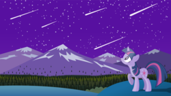 Size: 3840x2160 | Tagged: artist needed, safe, twilight sparkle, g4, bush, female, forest, high res, hill, meteor shower, mountain, night, night sky, pine tree, raised hoof, solo, stargazing, stars, tree, vector