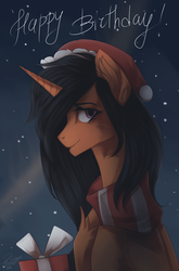 Size: 2193x3327 | Tagged: safe, artist:orfartina, oc, oc only, pony, unicorn, clothes, female, hat, high res, mare, night, present, santa hat, scarf, solo