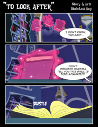Size: 1275x1650 | Tagged: safe, artist:dsana, spike, twilight sparkle, pony, comic:to look after, g4, book, comic, hourglass, magic, offscreen character, twilight's canterlot home