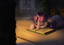 Size: 1280x905 | Tagged: safe, artist:chef j, twilight sparkle, pony, g4, adorkable, blanket, book, christmas tree, cute, dork, female, fireplace, floppy ears, prone, sleeping, smiling, solo, that pony sure does love books, tree, twiabetes