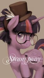 Size: 1080x1920 | Tagged: safe, artist:ciyunhe, twilight sparkle, alicorn, pony, g4, alternate hairstyle, female, glasses, hat, simple background, solo, steam pony, steampunk, top hat, twilight sparkle (alicorn)