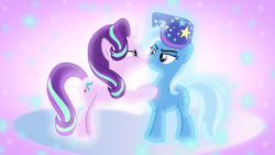 Size: 1600x900 | Tagged: safe, artist:sailortrekkie92, starlight glimmer, trixie, pony, unicorn, g4, angry, boop, female, glowing, lesbian, lidded eyes, looking at each other, mare, nose wrinkle, noseboop, ship:startrix, shipping, trixie's hat, vector, wallpaper
