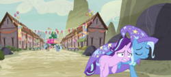 Size: 1280x577 | Tagged: safe, screencap, amethyst skim, barren hymn, cool beans, double diamond, flower flight, log jam, night glider, party favor, starlight glimmer, sugar belle, sunny song, trixie, pony, unicorn, g4, to where and back again, animation error, duo focus, eyes closed, female, gritted teeth, mare, panic, running, species swap, trixie's cape, trixie's hat, wide eyes