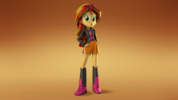 Size: 3000x1687 | Tagged: safe, artist:luminousdazzle, sunset shimmer, equestria girls, g4, 3d, clothes, female, jacket, leather jacket, skirt, smiling, solo, source filmmaker