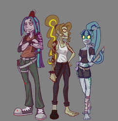 Size: 1522x1564 | Tagged: safe, artist:madness-with-reason, adagio dazzle, aria blaze, sonata dusk, g4, barefoot, blood, brass knuckles, clothes, converse, feet, machete, shoes, style challenge, style emulation, tattoo, the dazzlings
