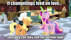 Size: 1280x720 | Tagged: safe, edit, edited screencap, screencap, applejack, lucky clover, queen chrysalis, changeling, a canterlot wedding, g4, caption, disguise, disguised changeling, fake cadance, food, glowing horn, green magic, horn, image macro, impact font, levitation, magic, meme, question, telekinesis