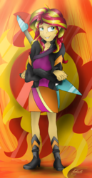 Size: 1700x3300 | Tagged: safe, artist:fretnoizeart, sunset shimmer, equestria girls, g4, boots, clothes, crossed arms, electric guitar, female, flying v, guitar, high heel boots, high heels, jacket, leather jacket, lidded eyes, musical instrument, signature, skirt, solo, sunset shredder
