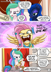 Size: 955x1351 | Tagged: safe, artist:mysticalpha, fluttershy, princess celestia, princess luna, alicorn, pony, comic:day in the lives of the royal sisters, g4, the best night ever, aweeg*, comic, crown, dialogue, eating, female, flutterrage, food, horseshoes, implied prince blueblood, jewelry, mare, peytral, popcorn, regalia, speech bubble, trollestia, you're going to love me