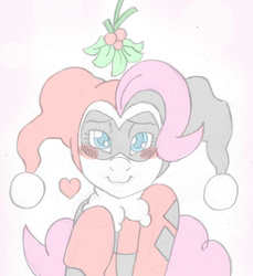 Size: 1208x1321 | Tagged: safe, artist:blackbewhite2k7, pinkie pie, g4, blushing, crossover, female, harley quinn, holly, holly mistaken for mistletoe, imminent kissing, offscreen character, pov, sketch, solo, wip
