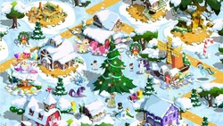 Size: 610x343 | Tagged: safe, gameloft, fluttershy, pinkie pie, pipsqueak, rainbow dash, rarity, rivet, twilight sparkle, g4, christmas tree, game screencap, ponyville, snow, tree, windmill, winter, zecora's hut