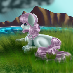Size: 3600x3600 | Tagged: safe, artist:crazyaniknowit, oc, oc only, oc:pastel wish, art trade, grass field, high res, scenery, smiling, solo, underhoof