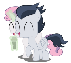 Size: 2185x1943 | Tagged: safe, artist:meandmyideas, rumble, sweetie belle, g4, colt, cute, duo, duo male and female, eyes closed, female, filly, foal, glowing, glowing horn, hoof around neck, horn, levitation, magic, male, microphone, open mouth, ship:rumbelle, shipping, singing, straight, telekinesis