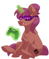 Size: 1500x1800 | Tagged: safe, artist:itstaylor-made, oc, oc only, oc:dobbin, pony, unicorn, accessory, controller, cool, focus, gamer, gaming, glasses, male, sitting, solo, stallion