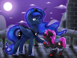 Size: 2000x1500 | Tagged: safe, artist:vavacung, edit, princess luna, oc, oc:midnight moon, vampony, g4, broken horn, female, filly, full moon, hoof kissing, horn, implied shipping, moon, smiling