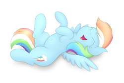Size: 1800x1200 | Tagged: dead source, safe, artist:php66, rainbow dash, g4, backwards cutie mark, belly button, cute, dashabetes, invisible tickles, on back, solo