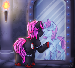Size: 1666x1500 | Tagged: safe, artist:vavacung, edit, oc, oc only, oc:midnight moon, pony, unicorn, vampony, broken horn, female, filly, horn, mirror, reflection, solo