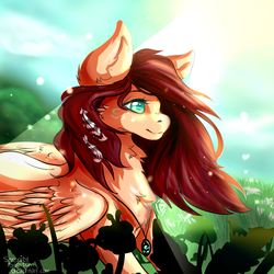 Size: 1250x1250 | Tagged: safe, artist:serenity, oc, oc only, pegasus, pony, amulet, blue eyes, feather, female, flower, flowing mane, fluffy, mare, pretty, solo