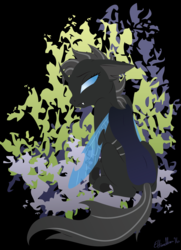 Size: 2819x3892 | Tagged: safe, artist:gracewolf, oc, oc only, oc:crucible, changeling, changeling oc, female, floppy ears, high res, looking back, sad, sitting, solo
