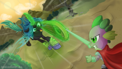 Size: 1560x880 | Tagged: safe, artist:ogron, queen chrysalis, spike, g4, disc, fight, guardians of harmony, magic, perspective, toy interpretation