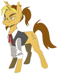 Size: 878x1080 | Tagged: artist needed, safe, oc, oc only, oc:golden flask, pony, unicorn, 2017 community collab, derpibooru community collaboration, ascot, beard, clothes, ear piercing, earring, facial hair, glasses, jewelry, male, piercing, ponytail, simple background, solo, transparent background, vest