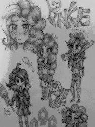 Size: 1936x2592 | Tagged: safe, artist:rirepink, pinkie pie, g4, black and white, cutie mark, grayscale, kinessa, kinessa (paladins), monochrome, paladins: champions of the realm, red (transistor), sad, sketch, traditional art, transistor, transistor (game)