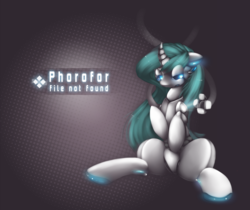 Size: 1508x1265 | Tagged: safe, artist:larkdraws, pony, robot, robot pony, unicorn, curved horn, horn, sitting, solo