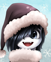 Size: 1446x1764 | Tagged: safe, artist:pridark, oc, oc only, oc:darkness, pony, bust, commission, cute, fangs, femboy, hair over one eye, hat, head only, male, open mouth, portrait, santa hat, trap