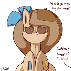 Size: 1920x1920 | Tagged: safe, artist:dsp2003, part of a set, oc, oc only, oc:raggie, hagwarders, original species, plush pony, pony, button eyes, crying, female, holding a pony, i can't believe it's not tjpones, offscreen character, part of a series, sad, style emulation, what do you want