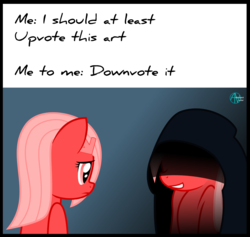 Size: 2026x1920 | Tagged: safe, artist:arifproject, oc, oc only, oc:downvote, pony, derpibooru, g4, derpibooru ponified, duality, evil kermit, looking at each other, meme, meta, ponified, self ponidox, simple background, vector