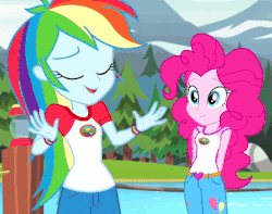 Size: 571x450 | Tagged: safe, screencap, pinkie pie, rainbow dash, equestria girls, g4, my little pony equestria girls: legend of everfree, animated, cropped, female, gif, hand on hip, loop