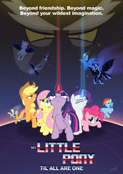 Size: 1240x1750 | Tagged: safe, artist:loomx, applejack, discord, fluttershy, nightmare moon, pinkie pie, rainbow dash, rarity, twilight sparkle, zecora, bat pony, pony, zebra, g4, mane six, movie poster, parody, the transformers: the movie, transformers