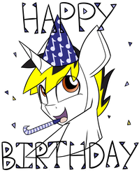Size: 3098x3890 | Tagged: safe, artist:partypievt, oc, oc only, oc:hoofy, pony, brohoof studios, confetti, happy, happy birthday, hat, high res, looking away, looking up, music notes, open mouth, party hat, party horn, simple background, solo