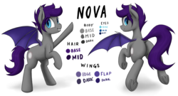 Size: 3000x1622 | Tagged: safe, artist:anearbyanimal, oc, oc only, oc:nova the bat pony, bat pony, pony, commission, cute, dock, fangs, featureless crotch, looking back, rearing, reference sheet, underhoof