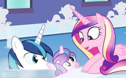 Size: 960x600 | Tagged: safe, artist:dm29, princess cadance, princess flurry heart, shining armor, alicorn, pony, g4, bath, bathhouse, cross-eyed, cute, family, female, flurrybetes, julian yeo is trying to murder us, male, mare, open mouth, prone, shining adorable, smiling, stallion, swimming, trio, water, window