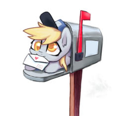 Size: 564x529 | Tagged: safe, artist:inowiseei, derpy hooves, pegasus, pony, g4, adorable face, chibi, colored pupils, cute, derpabetes, derpy inside a mailbox, female, hat, letter, mailbox, mailmare, mailmare hat, mare, micro, mouth hold, postman's hat, simple background, solo, white background