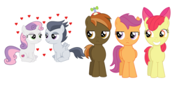 Size: 2594x1272 | Tagged: safe, artist:meandmyideas, apple bloom, button mash, rumble, scootaloo, sweetie belle, g4, colt, cutie mark, cutie mark crusaders, female, filly, foal, heart, jealous, male, ship:rumbelle, shipping, simple background, straight, the cmc's cutie marks, transparent background, varying degrees of shipping