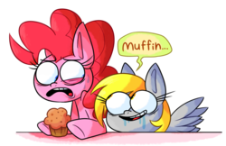 Size: 770x500 | Tagged: safe, artist:vdru7, derpy hooves, pinkie pie, earth pony, pegasus, pony, g4, disgusted, drool, female, food, mare, muffin