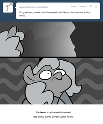 Size: 666x800 | Tagged: safe, artist:egophiliac, princess luna, pony, moonstuck, g4, ask, cartographer's cloak, comic, female, filly, grayscale, monochrome, scrunchy face, solo, tumblr, woona, woonoggles, younger