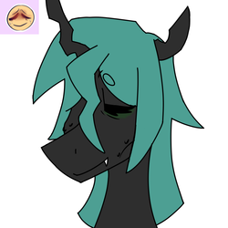 Size: 844x844 | Tagged: safe, artist:moonaknight13, oc, oc only, changeling, changeling oc, emoji, emoji challenge, eyes closed, fangs, moona-knight-13, original character do not steal, smiling, solo, sweat, sweatdrop