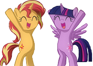 Size: 188x135 | Tagged: safe, artist:uotapo, edit, sunset shimmer, twilight sparkle, alicorn, pony, unicorn, g4, bipedal, cheering, cropped, cute, female, happy, hooves up, picture for breezies, shimmerbetes, simple background, smiling, transparent background, twiabetes, twilight sparkle (alicorn)
